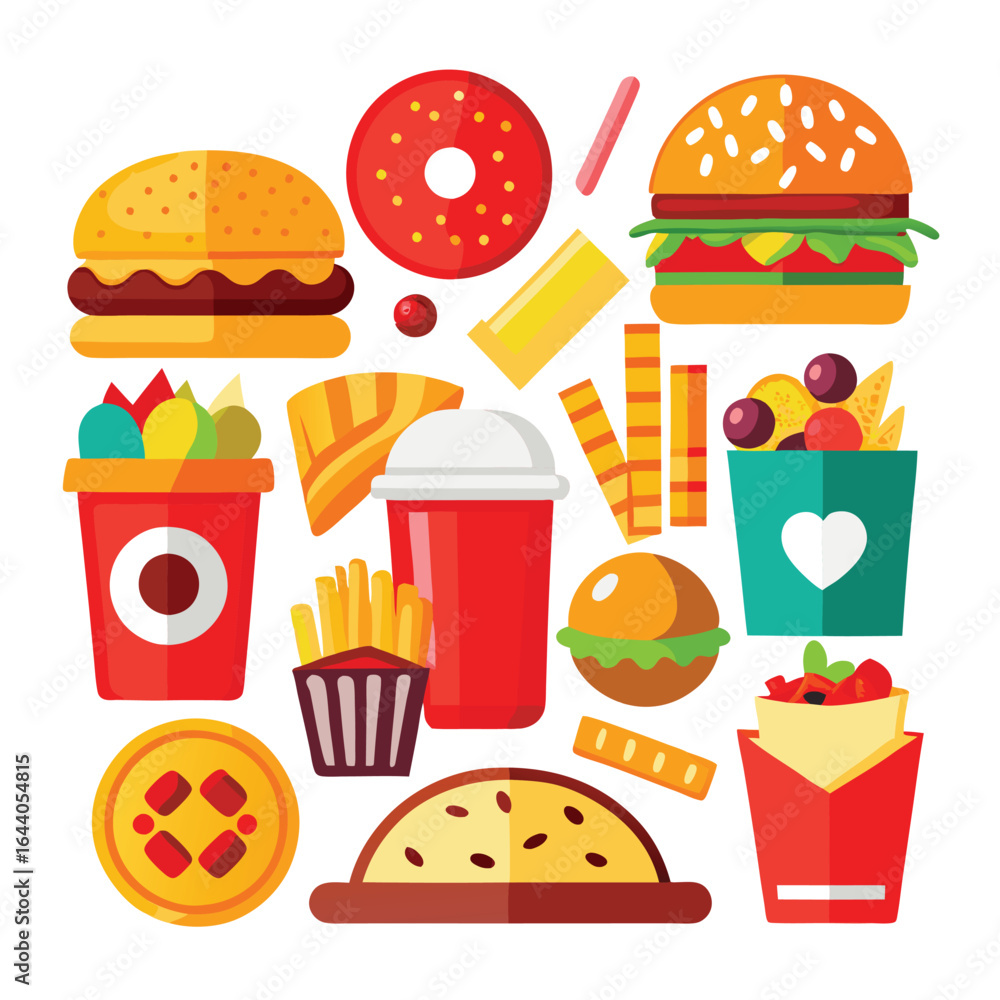 Fototapeta premium Street fast food dish set vector illustration