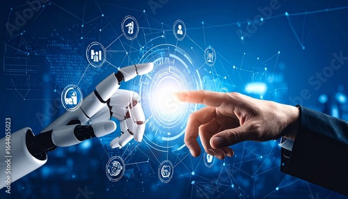 Futuristic artificial intelligence robot and human hand connecting over a glowing virtual network interface.