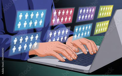 Person using laptop with multiple profile screens displayed