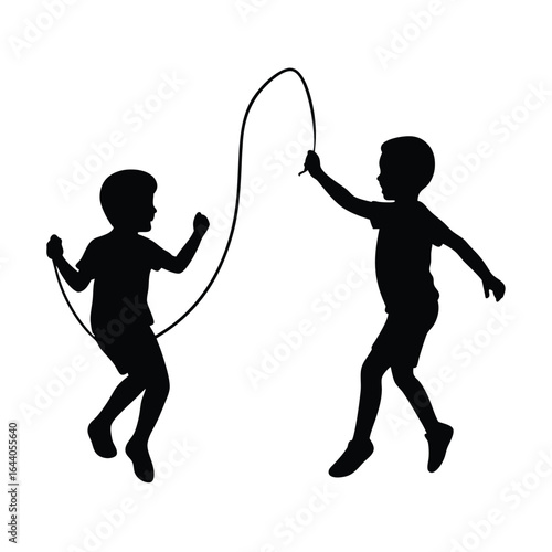 Two children silhouettes jumping rope on white background Keywords: children, kids, jumping