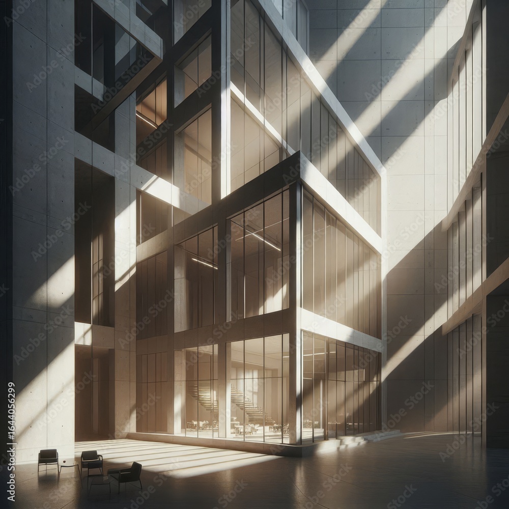Fototapeta premium Modern office building interior with sunlight streaming through windows