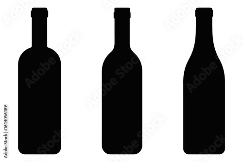 Silhouette of three wine bottles in black with various shapes isolated on a white background