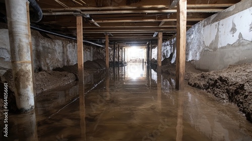 Flooded Crawl Space with Muddy Water, Wooden Support Beams, Concrete Walls, Poor Light