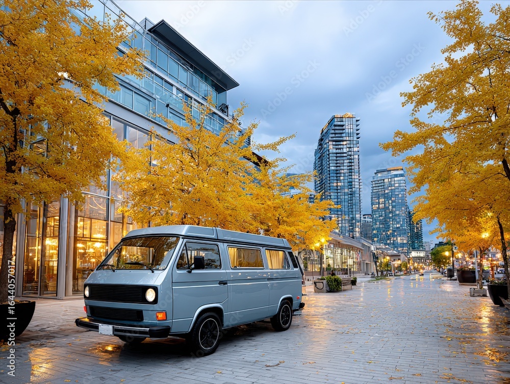 Obraz premium Retro Van in a Modern Cityscape during Autumn. A captivating image of a vintage van parked on a city street, surrounded by vibrant autumn foliage and modern architecture.