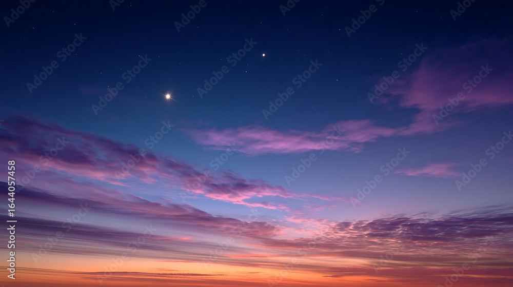 Fototapeta premium Celestial bodies shining through vibrant sunset clouds twilight purple clouds