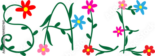 decorative floral letters spelling sale vector illustration bright spring flowers with green stems and leaves seasonal promotion and discounts graphic design