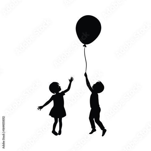 Two children silhouettes reaching for a balloon on white background Keywords: children, kids