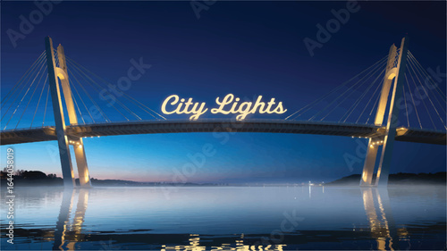 Elegant Cable Stayed Bridge at Night with Illuminations City Lights over Still Waters Reflections and Blue Sky Backdrop