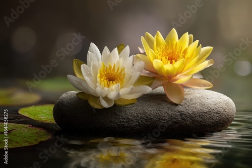 Water lilies bloom on a smooth stone in a tranquil pond setting at sunrise