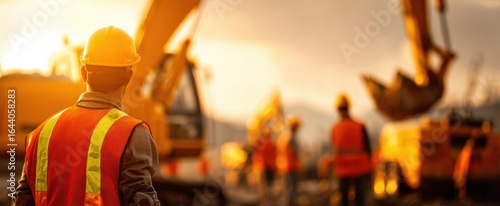 The construction workers collaborating at sunset on a busy job site.