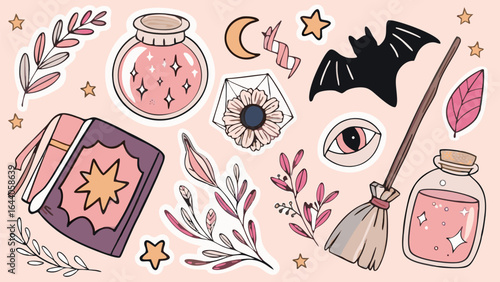 Boho Witchcraft Doodle Pack | Cute Magical Stickers with Potions, Spell Book, Bat, Moon, Herbs, Stars and Mystical Halloween Inspired Designs