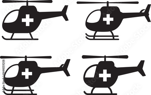 Four identical black medical helicopter silhouettes with white cross emblems