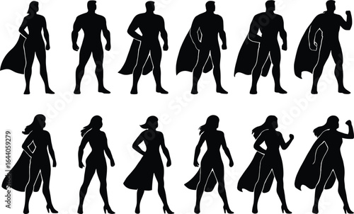Dynamic Superhero Silhouettes: Diverse Male and Female Figures with Capes, Powerful Poses for Comics, Action, and Fantasy Adventures, Ready for Your Designs