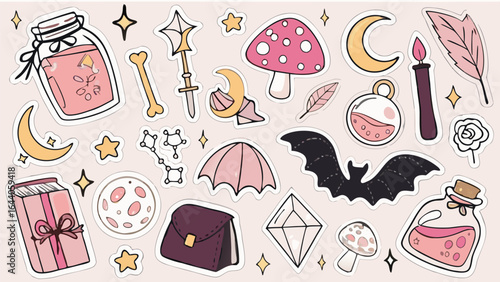 Cute witchcraft and gothic illustration with mushrooms, moons, potions, bat, crystals, stars, and mystical elements for magic and fantasy design