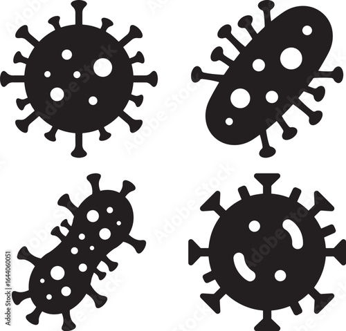 Four stylized black virus shapes with spike proteins in a simple silhouette design