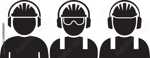 Three construction workers wearing hard hats and ear protection silhouette