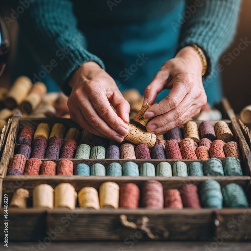 Creative hands arranging colorful wine corks in a rustic wooden tray