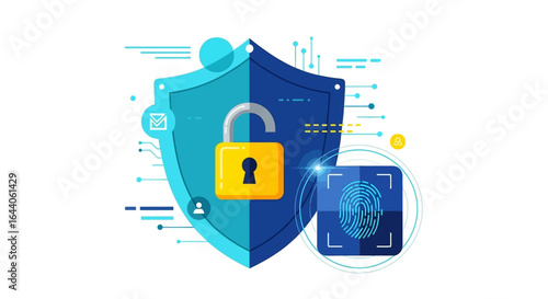 Digital security concept: Shield with padlock and fingerprint identification icon.
