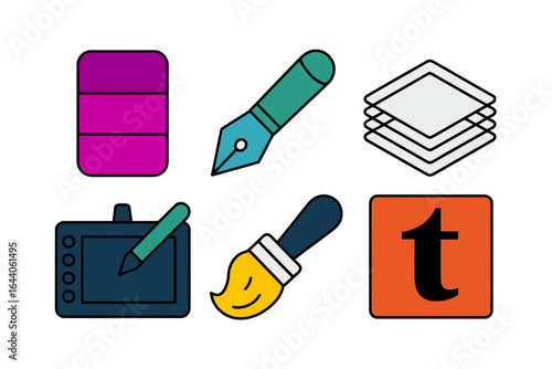 Digital art tool icons, color palette sampler, stylus pen, graphic tablet, brush, paper stack, creative workflow vector