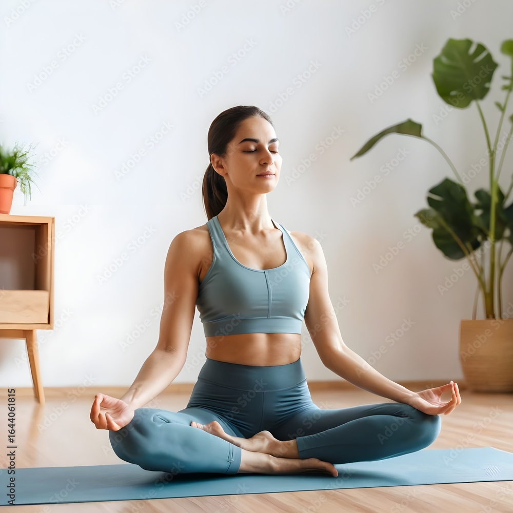 Fototapeta premium A woman in a sports bra and leggings is sitting in a meditative pose on a yoga mat in a room indoors