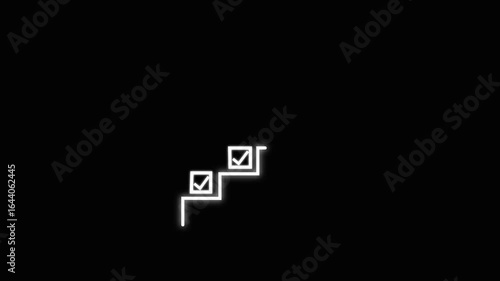 Business success and goal achievement steps. Businessman drawing checkmarks on virtual staircase steps toward achieving goals, ending with red flag as success marker. Planning, progress, goal setting