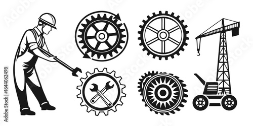Construction worker with crane and mechanical gears icons isolated on white background