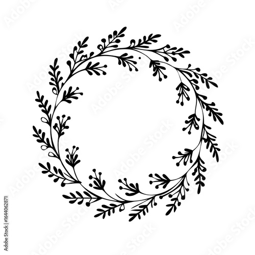 Hand-drawn rustic floral wreath with lavender and herb branches. Botanical ink illustration of a round frame for decoration.