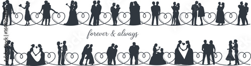 Romantic couples silhouettes with heart shapes and "forever & always" text — love and relationships vector design