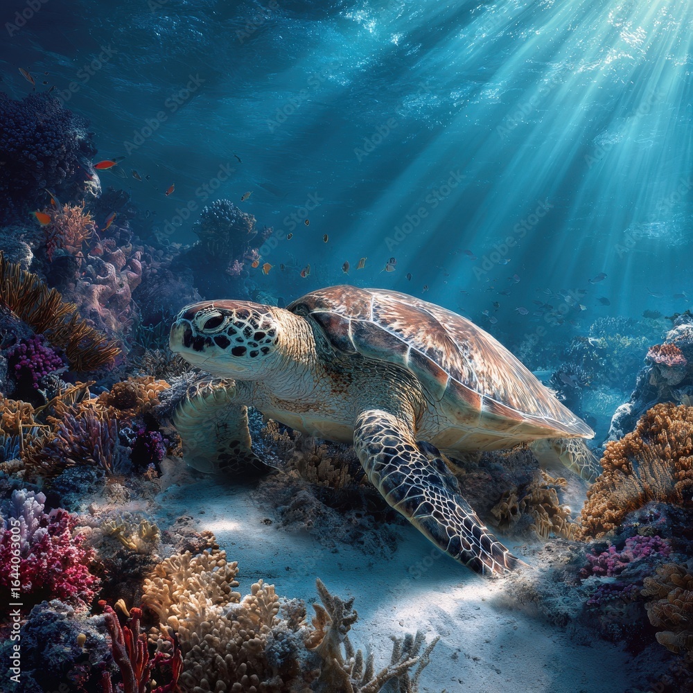 Fototapeta premium Majestic sea turtle gliding through vibrant coral reef in clear ocean water