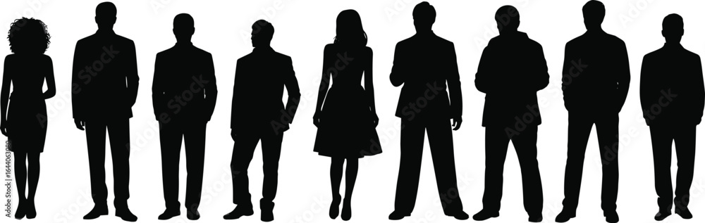 Silhouettes of diverse business professionals — standing men and women in corporate attire, vector illustration on white background Silhouettes of diverse business professionals — standing men and women in corporate attire, vector illustration on white background
