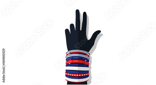 A stylized dark hand with fingers extended upward, adorned with multiple colorful bracelets in red, white, and blue.