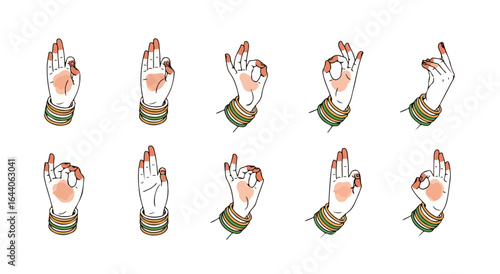 Hand gestures, various poses,  showing different hand positions,  stylized illustration of Indian hand gestures.
