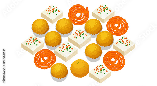 Colorful assortment of Indian sweets, including laddoos, barfi, and jalebi, arranged in a circular pattern.