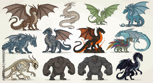 Collection of fantasy creatures including dragons and monsters in various colors and styles shown together
