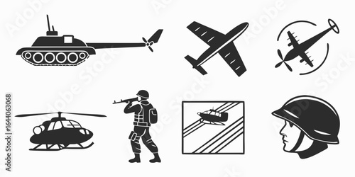 Set of military icons featuring tank, airplane, helicopter, soldier, and helmet