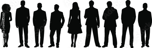 Silhouettes of diverse business professionals — standing men and women in corporate attire, vector illustration on white background