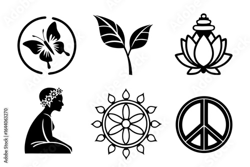 Collection of spiritual and nature symbols, isolated on white background