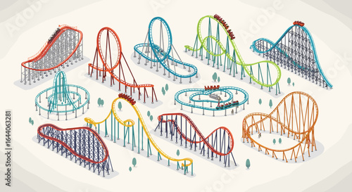 Isometric illustration showcasing a variety of colorful roller coasters with tiny trees around them