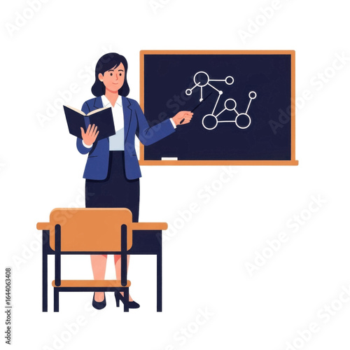 Woman teacher in blue blazer holding book and pointing at molecular structure on blackboard