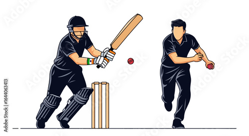 Cricket batsman powerfully hits ball, bowler prepares delivery, dynamic action illustration.