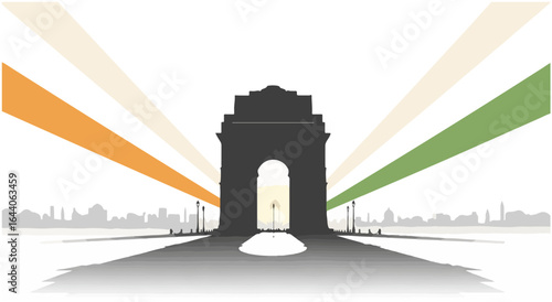 A patriotic silhouette of the India Gate monument with tricolor rays against a New Delhi city skyline.