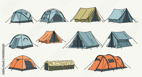 Illustration featuring a variety of colorful camping tents in different shapes and designs on white background