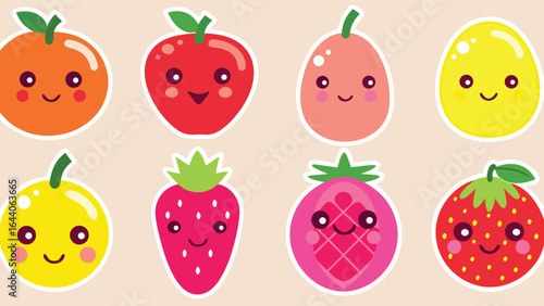 Adorable Kawaii Fruit Clipart Set – Smiling Strawberry, Orange, Pineapple, Lemon, and More – Cute Cartoon Stickers for Kids Crafts & Digital Designs