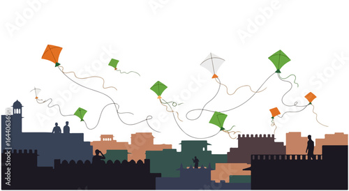 Colorful kites soar above a silhouetted city skyline during an Indian festival celebration.