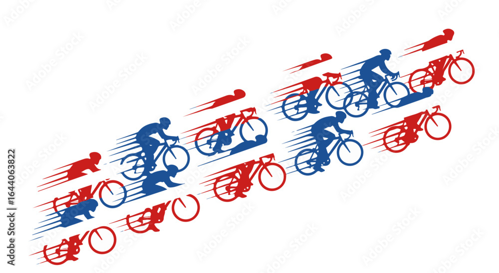 Fototapeta premium Graphic illustration of cyclists racing, depicted in red and blue with motion lines suggesting speed and movement.