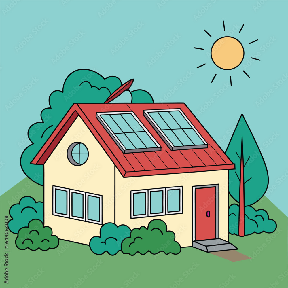 Naklejka premium Quaint house showcases a red roof, solar panels, and lush green foliage under the sun