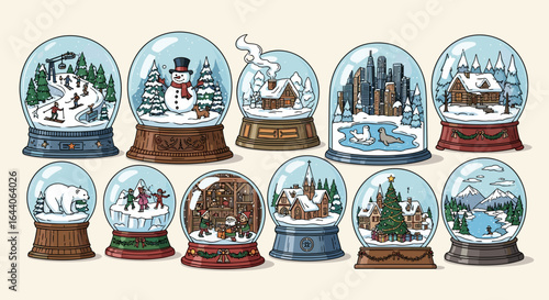 A collection of snow globes showcasing various winter scenes and holiday themed miniature landscapes