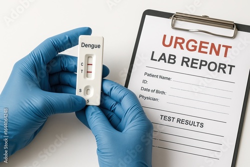 Dengue and Chikungunya Outbreak.. A person holds a dengue test kit in blue gloves, alongside an urgent lab report form,