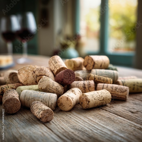 Collection of wine corks on wooden table near glasses of red wine in cozy setting