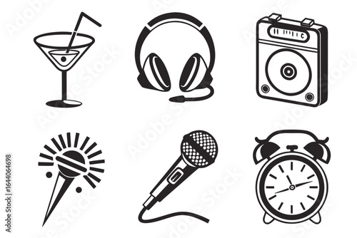 Collection of music, party, and time icons isolated on white background
